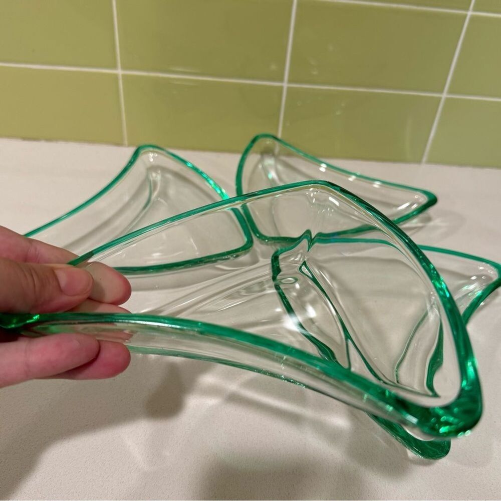 Vintage Green Flashed Edge Boomerang Glass Dishes — Set of 4 - Picture 3 of 9